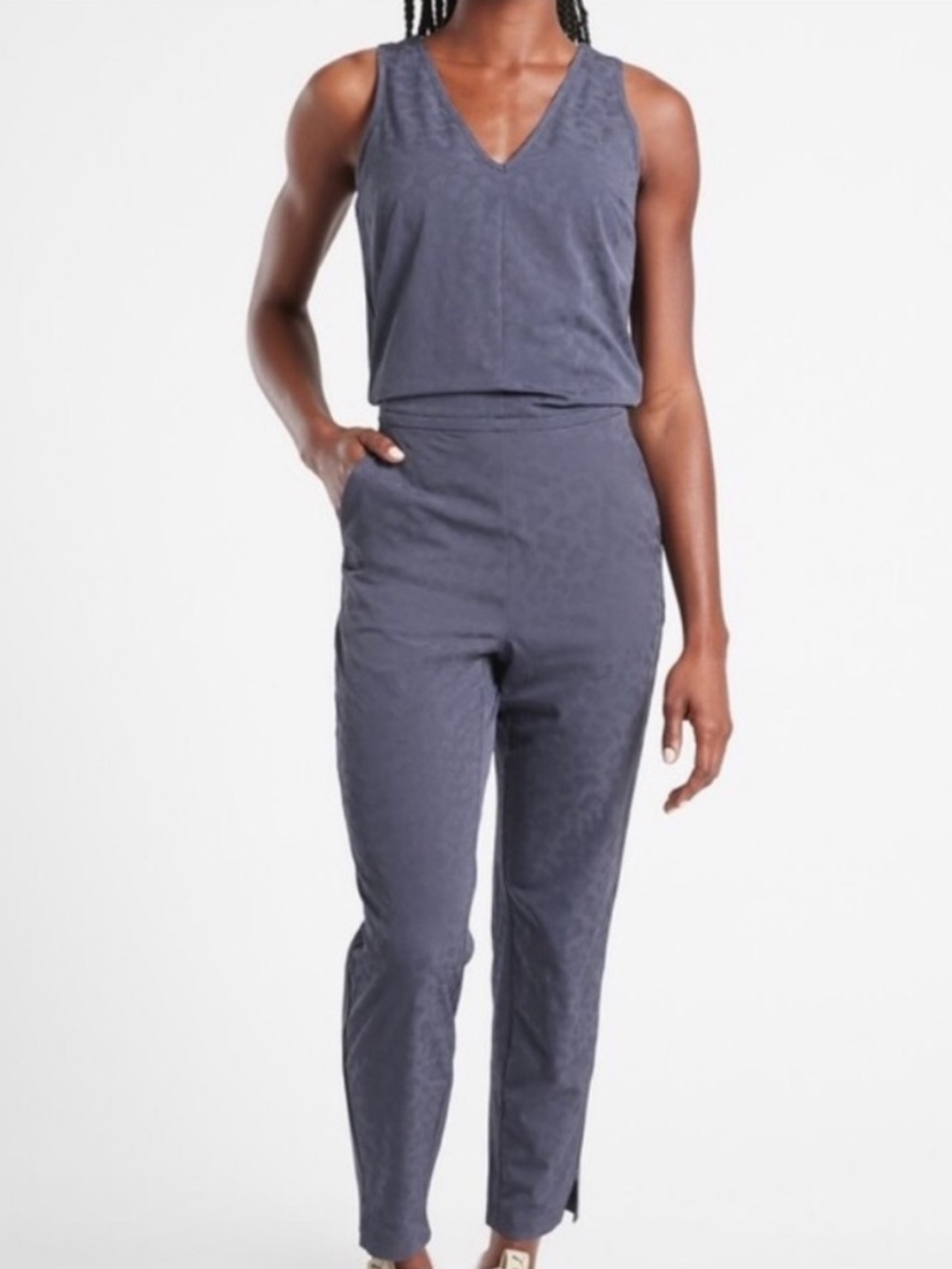 Athleta Brooklyn Textured Jumpsuit Leopard Blue Sleeveless Ankle Size 2